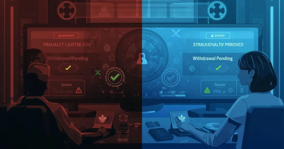 Comparaison visuelle entre casino frauduleux et casino fiable avec indicateurs de sécurité, validation et avertissements