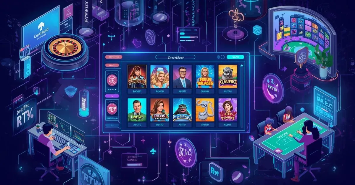 Interface de casino en ligne avec fournisseurs de jeux certifiés, machines à sous et table de roulette dans un univers numérique futuriste