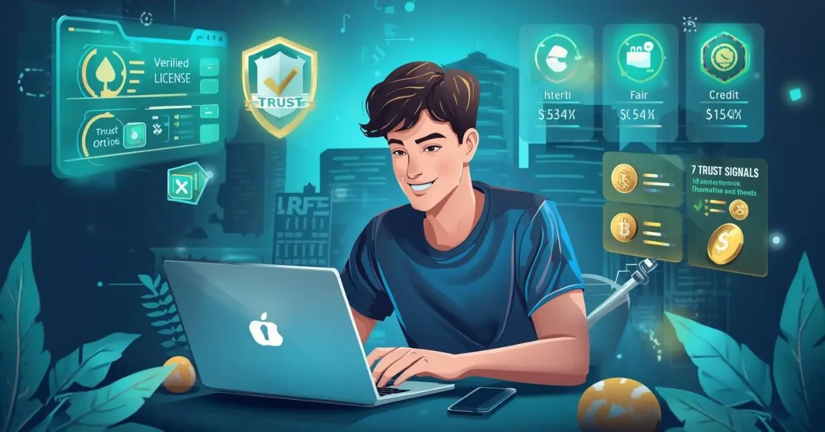 Jeune homme utilisant un ordinateur portable avec indicateurs de confiance, licences vérifiées et gains sur plateforme de casino en ligne