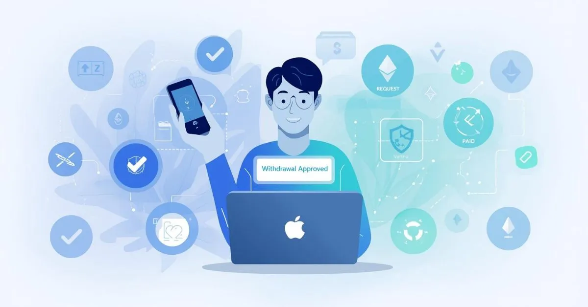 Utilisateur sur laptop recevant notification de retrait approuvé avec icônes de paiement sécurisé et validation des transactions