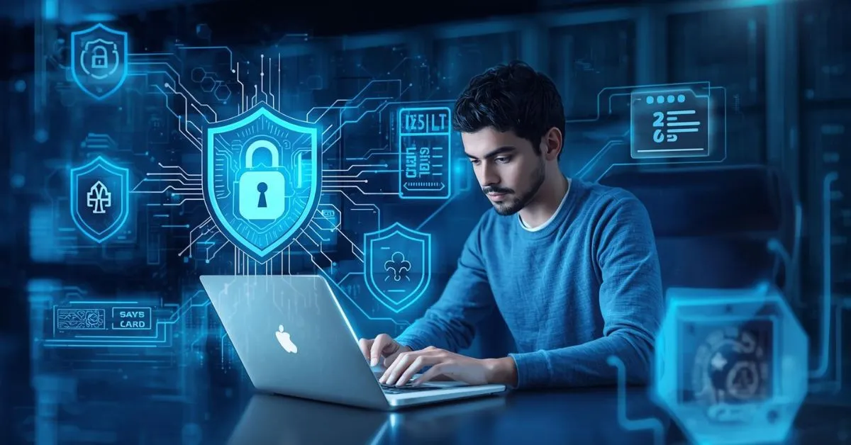 Homme utilisant un ordinateur portable avec icônes de cybersécurité et cadenas illustrant la protection des données en ligne