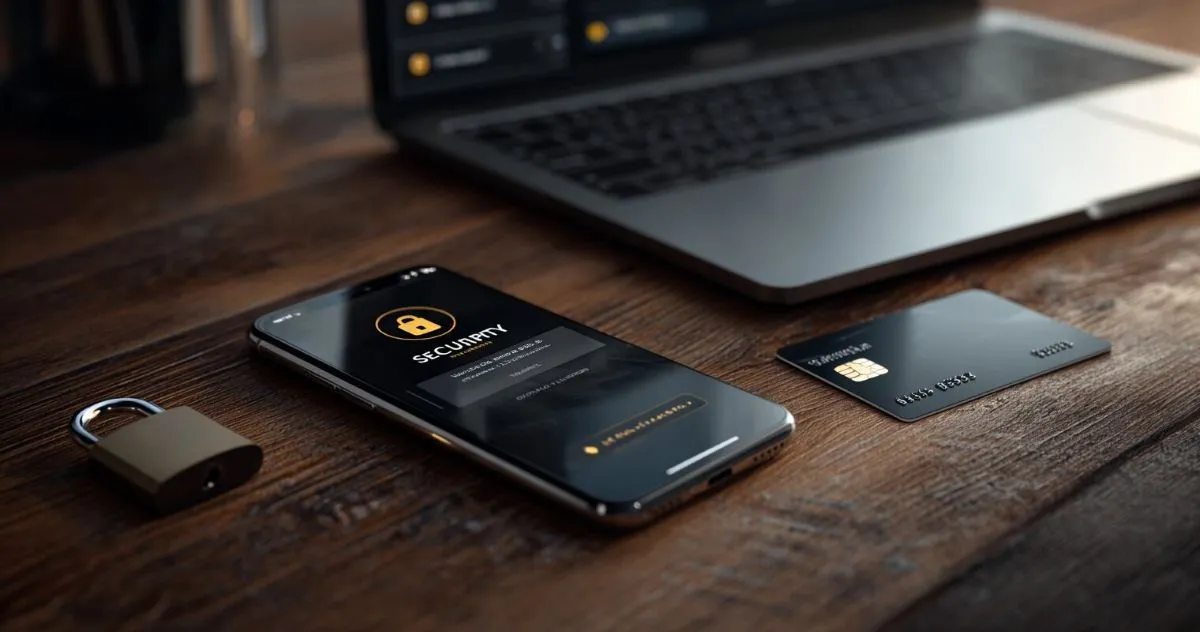 Smartphone affichant une interface de sécurité avec un cadenas, posé près d’une carte bancaire et d’un ordinateur portable sur une table en bois.
